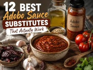 12 best adobo sauce substitutes arranged in small glass bowls on a wooden table showing different colors and textures of various adobo sauce alternatives