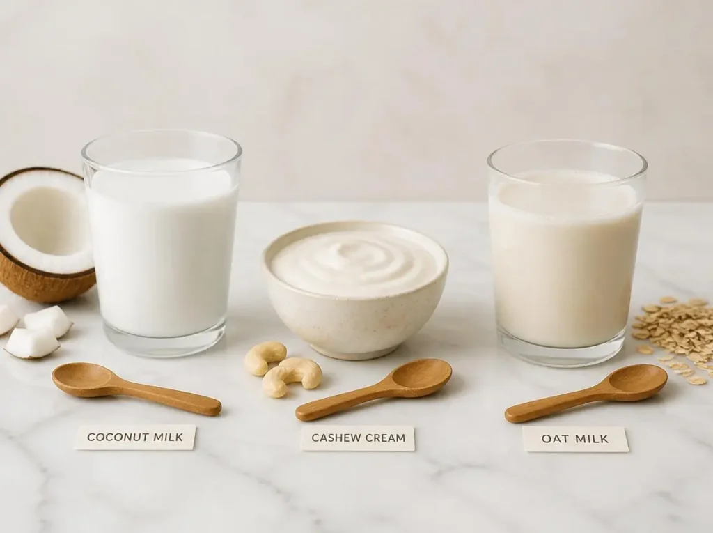 Non-dairy half and half substitutes including coconut milk, cashew cream, and oat milk alternatives