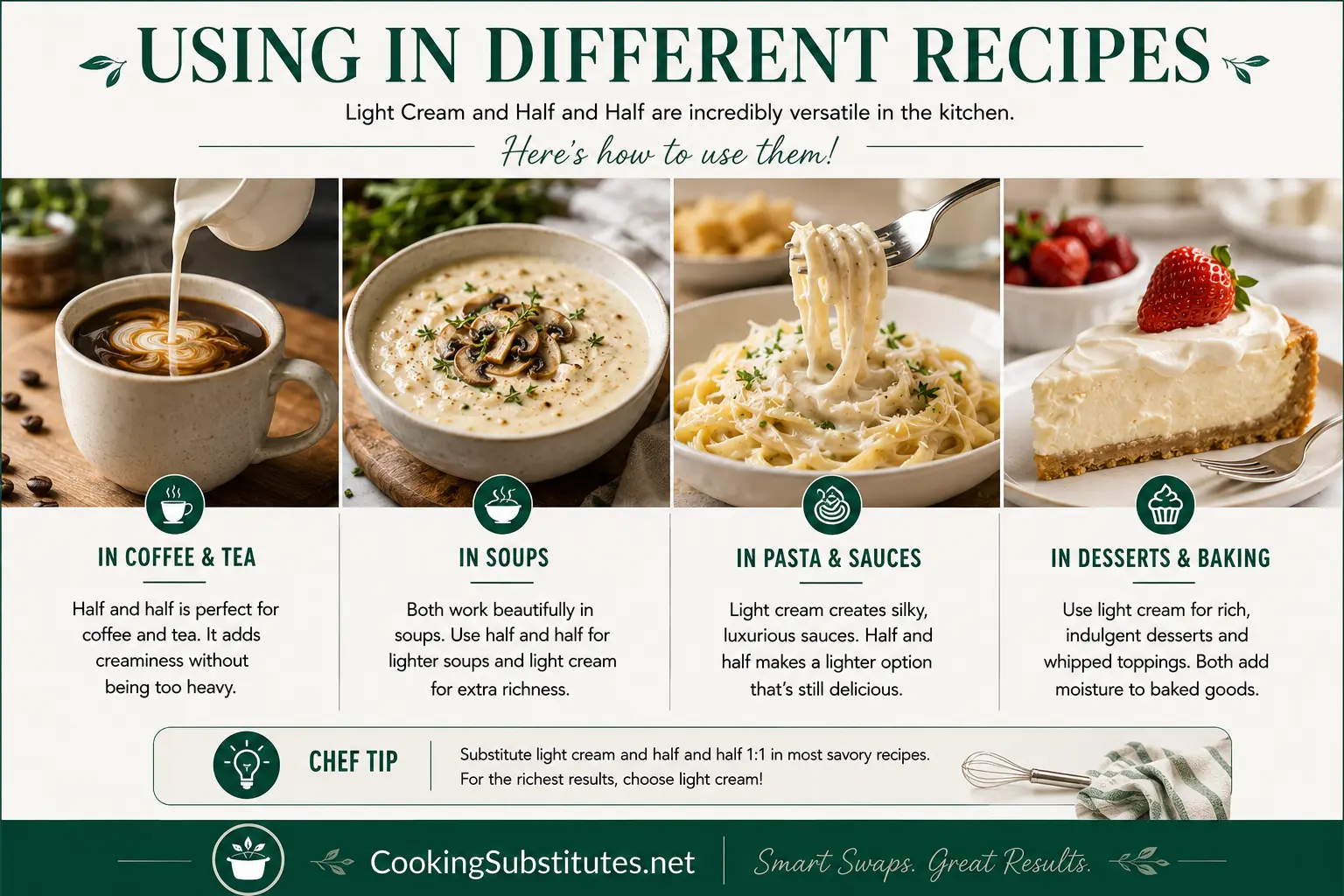 Multiple recipe applications showing how to use light cream and half and half in different dishes