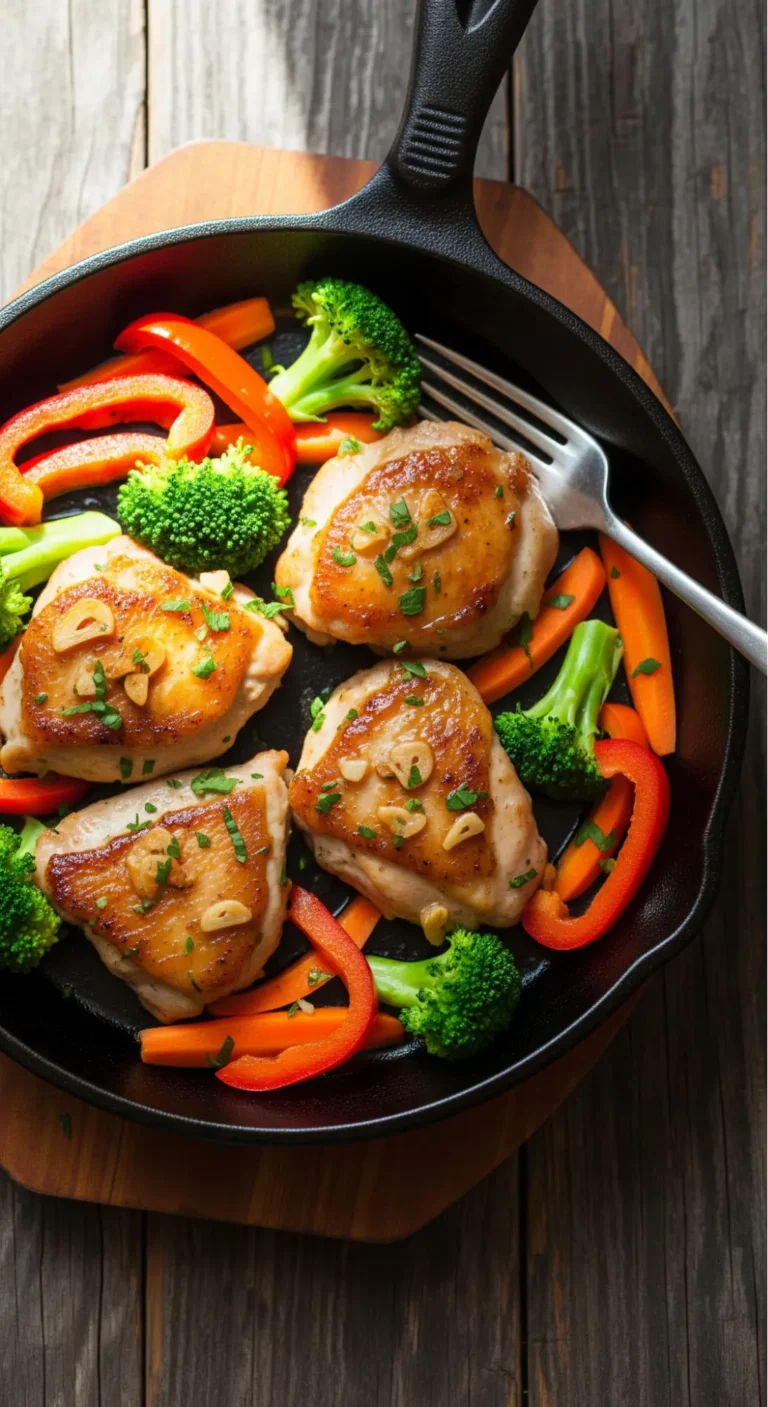 15-Minute Skillet Dinners: The Only 4 Recipes You Need After Work 2 15-minute garlic butter chicken skillet dinner with vegetables on wooden table, ready by 6:15 PM, easy after work meal