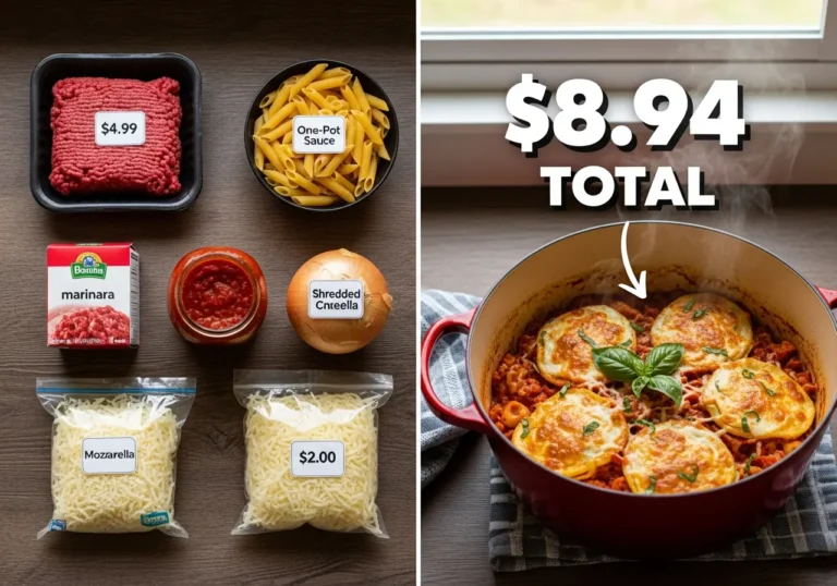 5-Ingredient Dinner Recipes That Cost Less Than $10 to Make 12 Five ingredient budget dinner recipe showing raw ingredients with individual price tags and finished one-pot pasta dish under ten dollars total cost