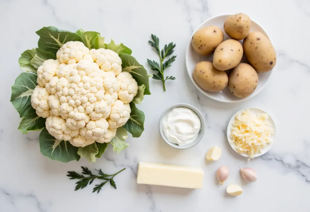 All ingredients needed for mashed potato cauliflower recipe laid out on counter