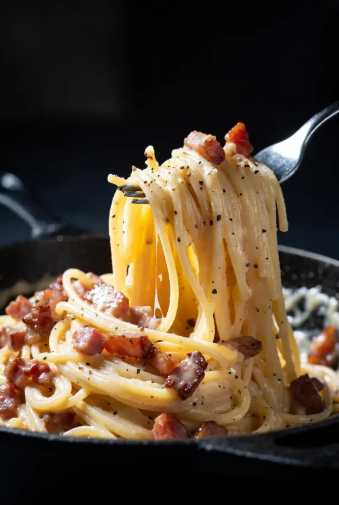 Authentic Italian carbonara pasta with crispy bacon and creamy egg sauce, quick eighteen minute recipe