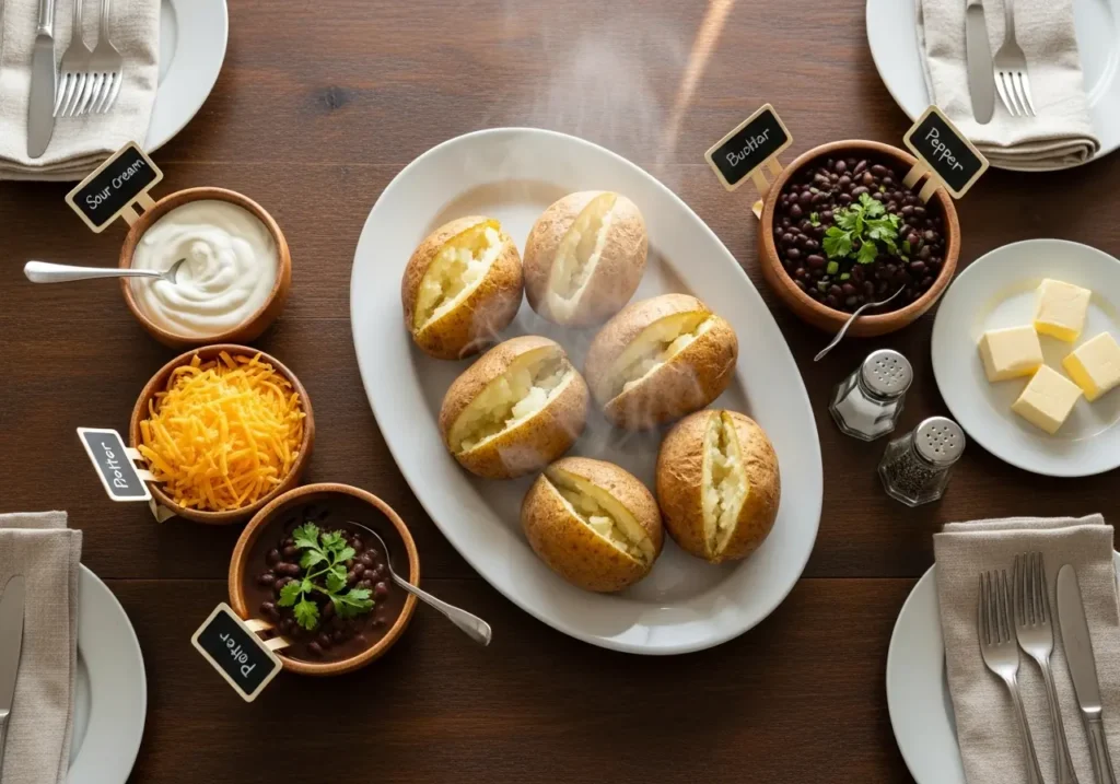 Budget-friendly baked potato bar dinner setup with multiple toppings including sour cream shredded cheese and black beans, five ingredient meal under ten dollars