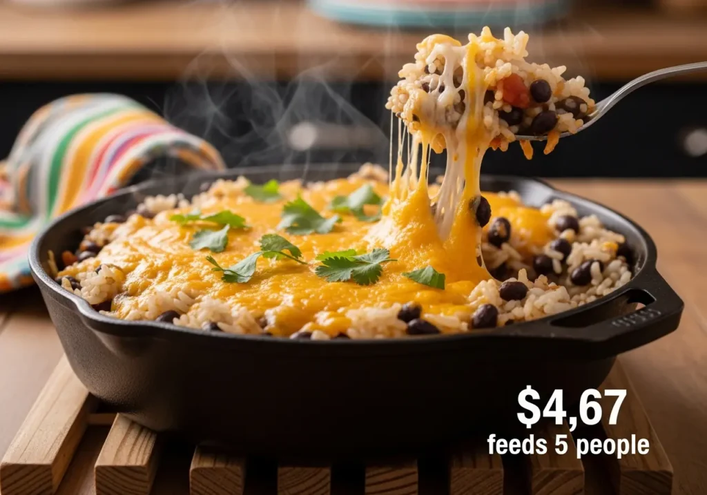 Cheap vegetarian black bean and rice skillet dinner recipe under five dollars feeds five people with melted cheese topping