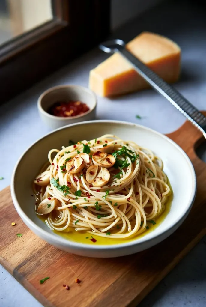 Classic Aglio e Olio Italian pasta with garlic and olive oil, ten minute budget dinner under three dollars
