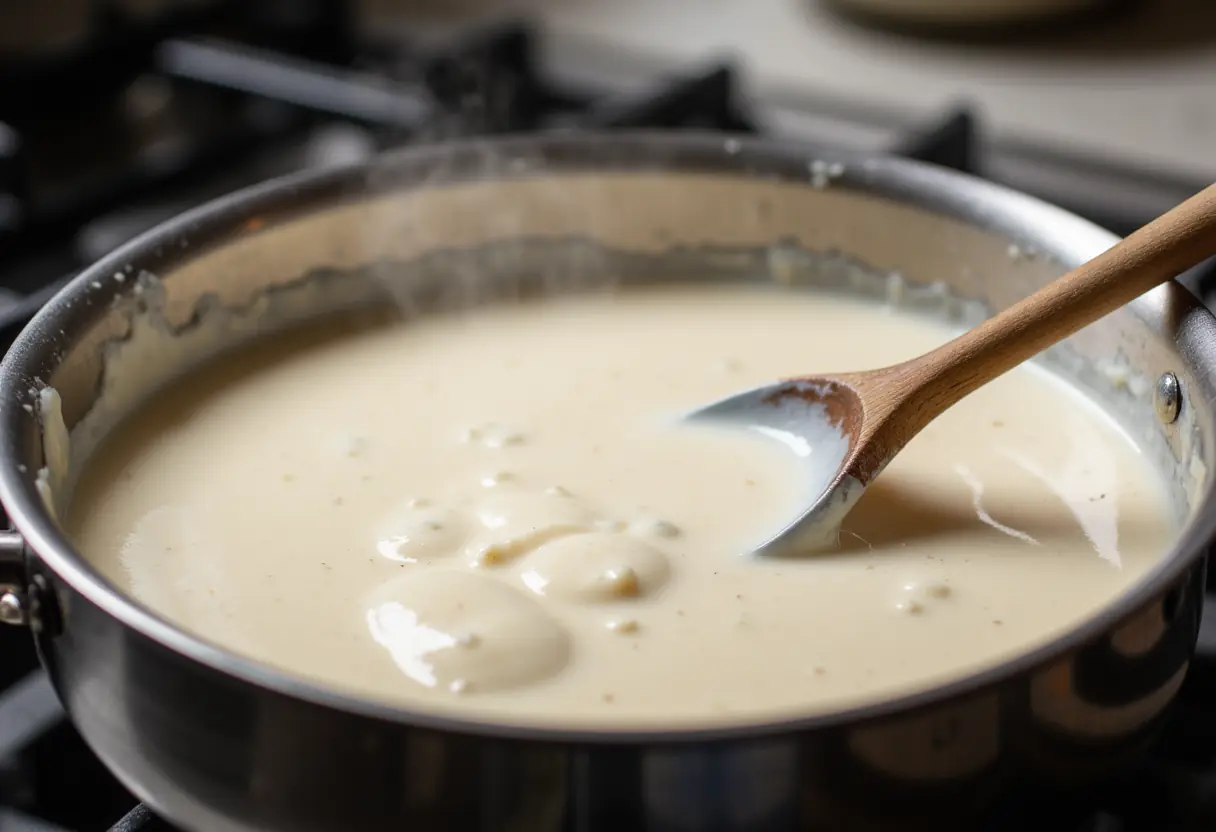 Creamy alfredo lasagna sauce being prepared in pan with fresh ingredients