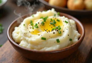 Creamy cauliflower mashed potatoes recipe in a bowl topped with butter and fresh chives