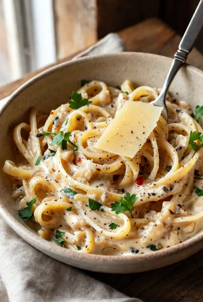 Creamy garlic butter parmesan pasta in ceramic bowl with fresh Parmesan shavings, quick twelve minute dinner recipe