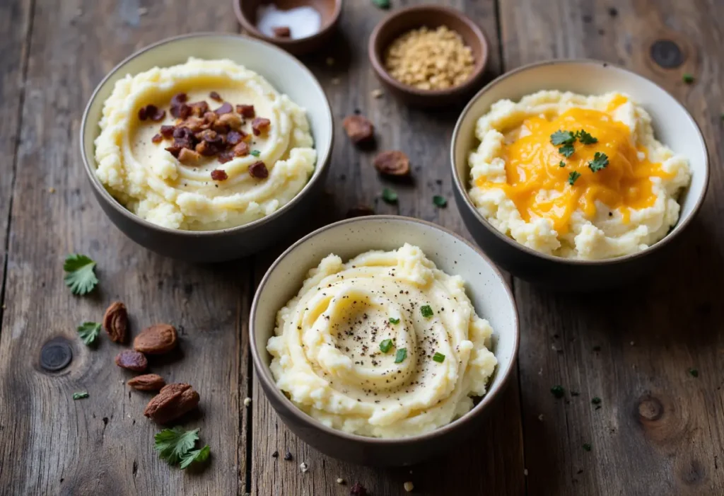 Different variations of cauliflower potato mashed recipe with toppings