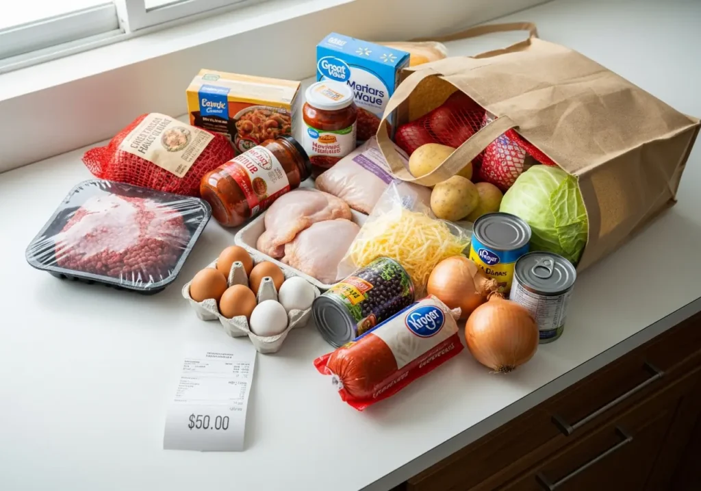 Fifty dollar grocery haul showing all ingredients for week of budget five ingredient dinner meals with receipt showing total cost