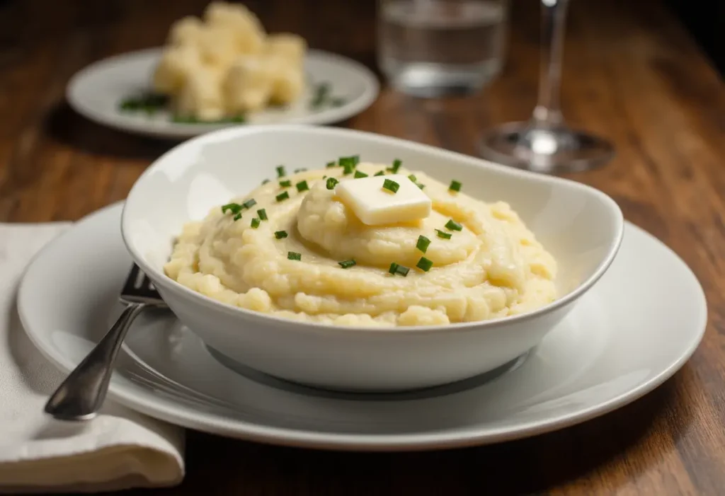 Finished cauliflower mashed potatoes recipe served in elegant bowl