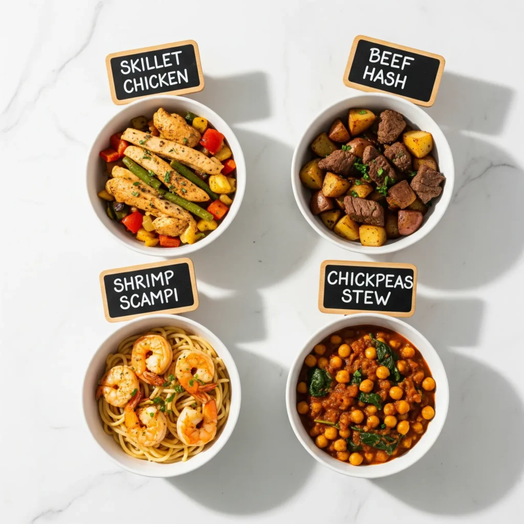 Four 15-minute skillet dinner recipes comparison - chicken, beef, shrimp, and vegetarian options