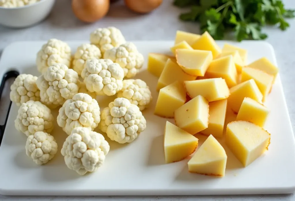 Fresh cauliflower and potatoes ingredients for mashed potatoes and cauliflower recipe