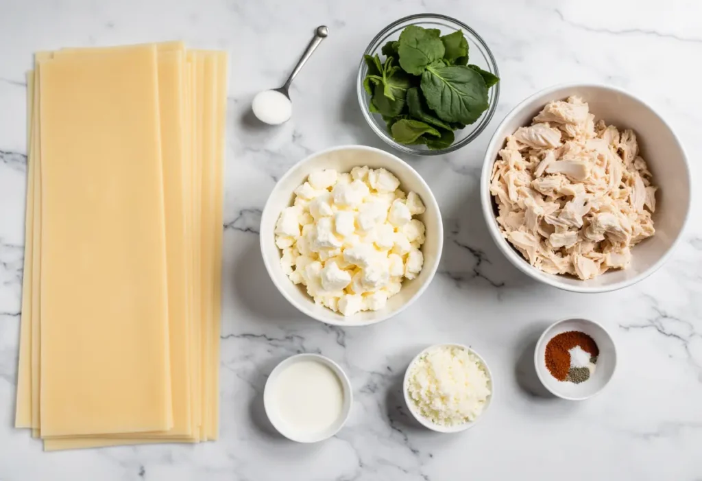Fresh ingredients for chicken alfredo lasagna recipe including pasta, chicken, and cheese