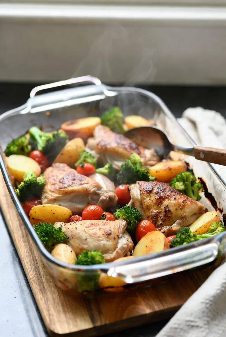 Glass casserole dish with roasted chicken thighs, potatoes and vegetables as sheet pan substitute for small batch cooking