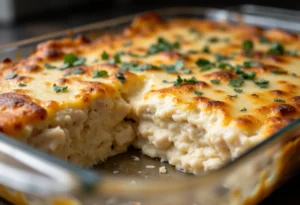 Homemade chicken alfredo lasagna with golden cheese topping and creamy layers in baking dish
