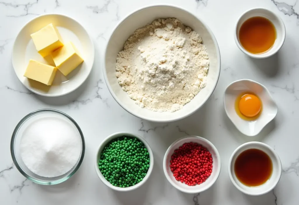 Ingredients for Christmas sprinkle cookies laid out - sprinkle cookies recipe