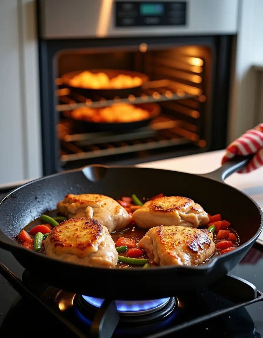 Large cast iron skillet on stovetop with seared chicken and vegetables, oven visible in background, demonstrating stovetop-to-oven cooking technique