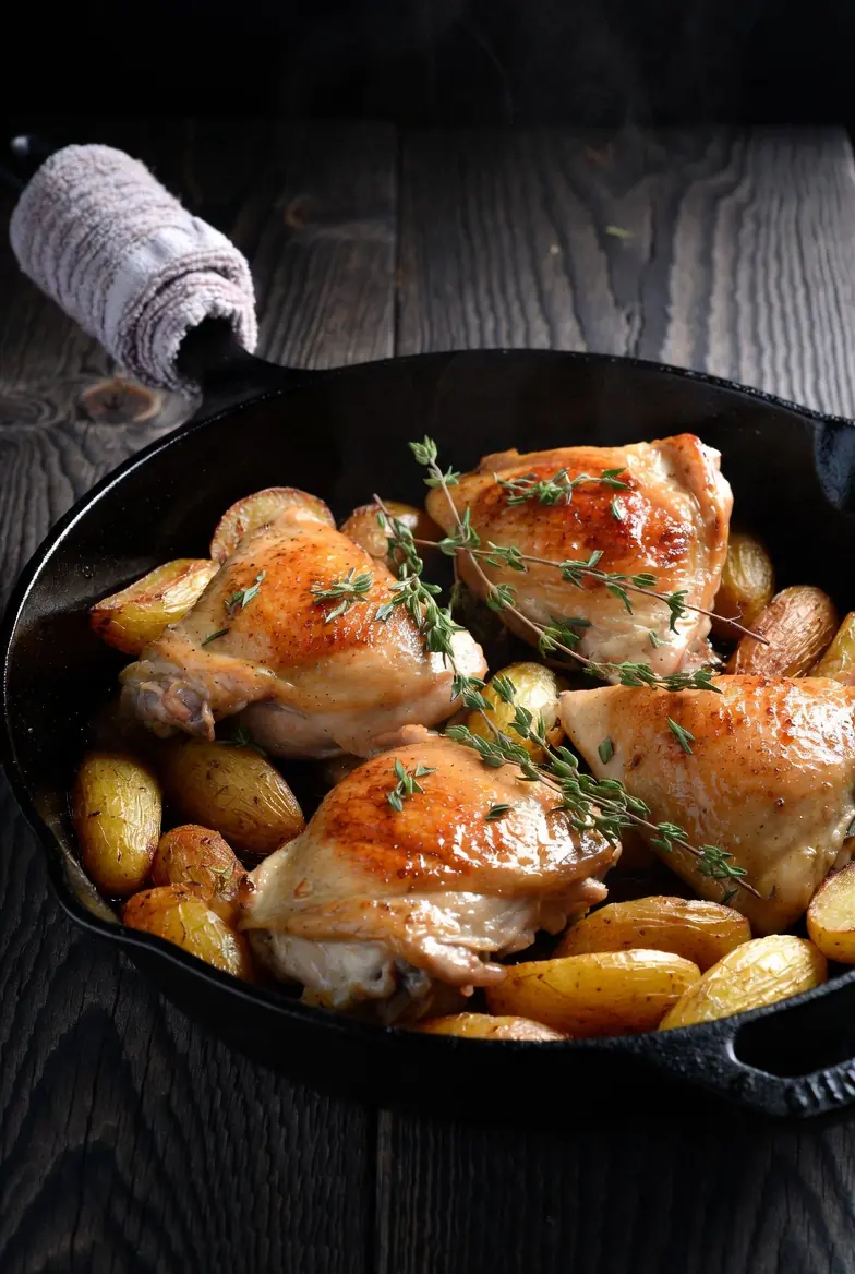 Large roasting pan with whole roasted chicken and vegetables showing sheet pan substitute for big batch cooking
