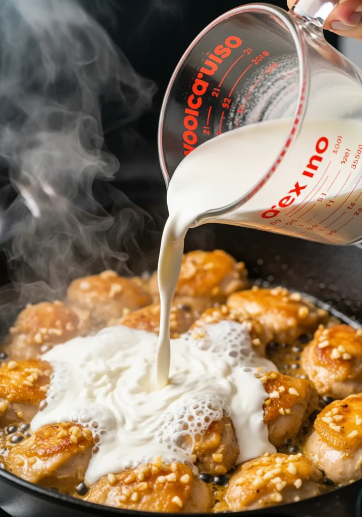 Making creamy garlic butter chicken in skillet, pouring cream into pan, quick dinner recipe tutorial