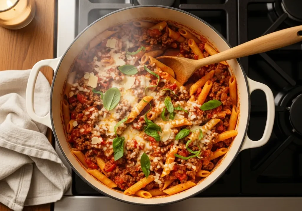 Budget-friendly one-pot pasta with ground beef recipe, feeds 6 for $8.94, easy 30-minute family dinner in Dutch oven with minimal cleanup