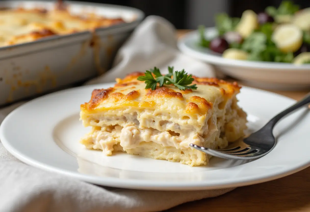 Plated serving of chicken alfredo lasagna recipe showing creamy cheese layers