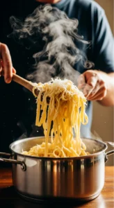 Quick garlic butter parmesan pasta being tossed in pot with steam rising, ready in twelve minutes, faster than delivery