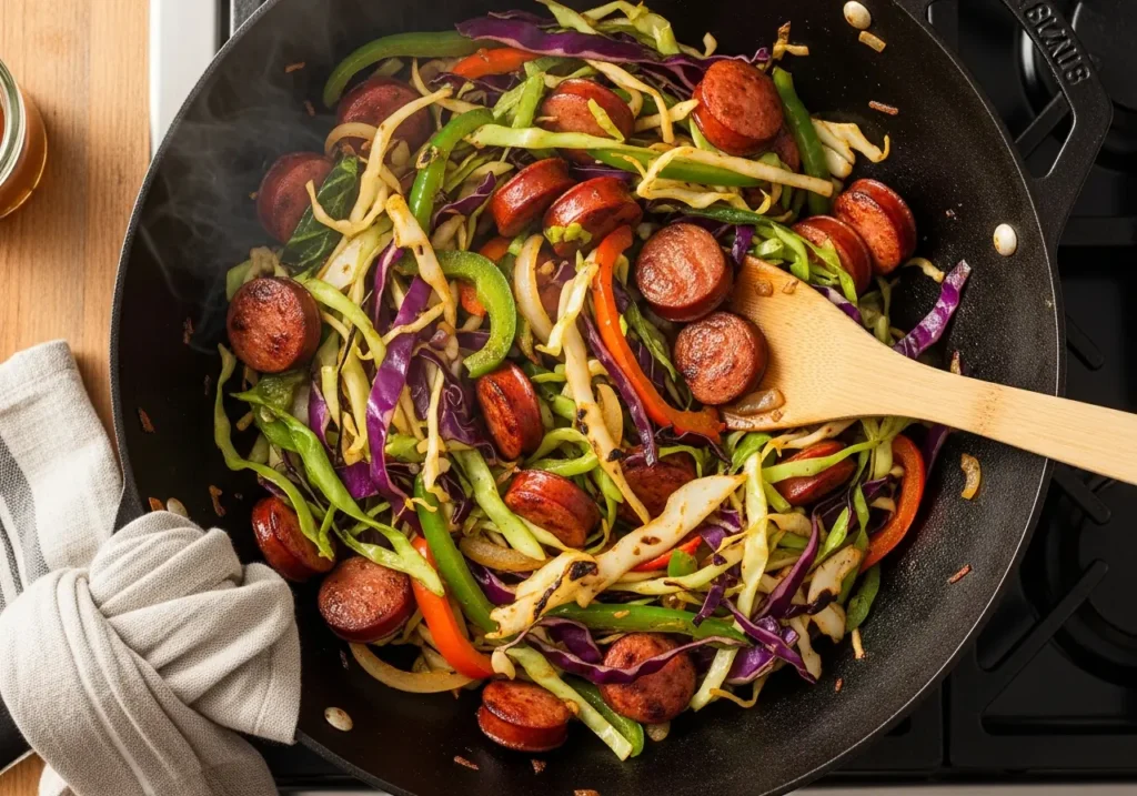 Budget-friendly sausage and cabbage stir-fry recipe, feeds 5 for $7.45, quick 20-minute one-pan dinner with smoked sausage and vegetables, only $1.49 per serving