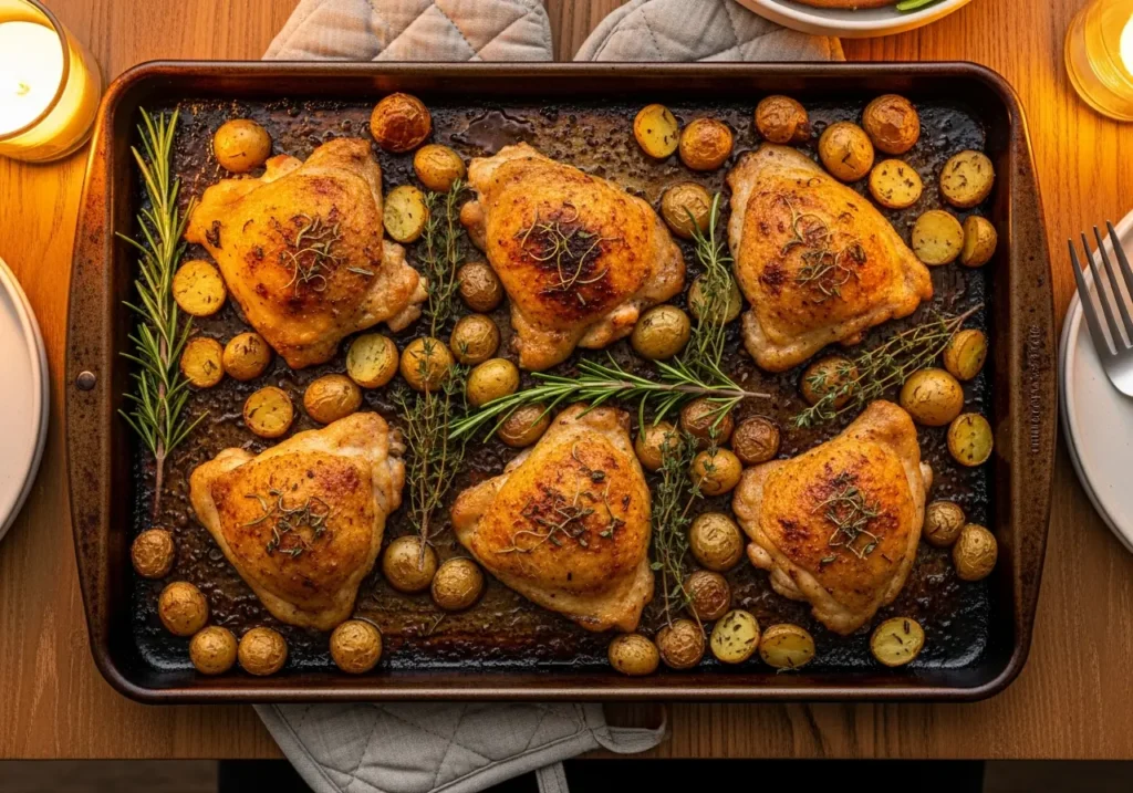 Budget-friendly sheet pan chicken thighs and potatoes recipe, feeds 6 for $9.23, easy one-pan dinner with crispy roasted chicken and herbs, ready in 45 minutes