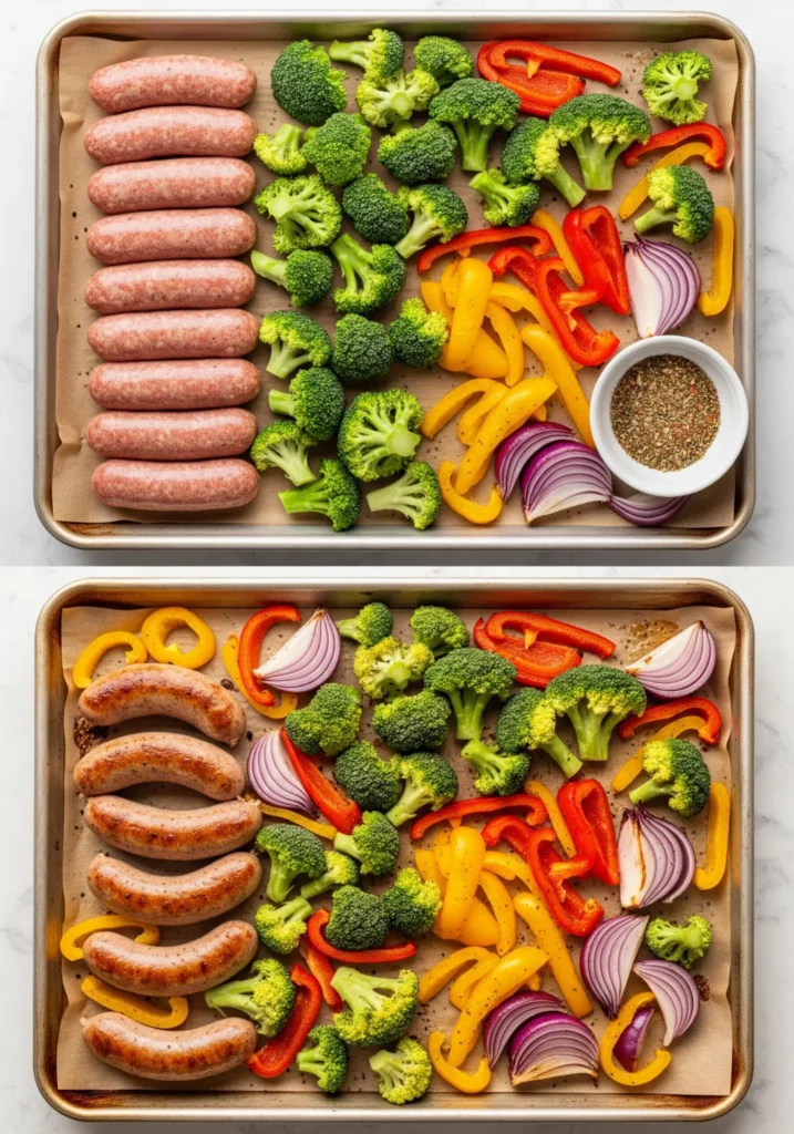 No-Chop Dinner Solutions: 7 Meals That Skip the Cutting Board 6 Sheet pan sausage and vegetables recipe before and after baking, no-chop one-pan dinner