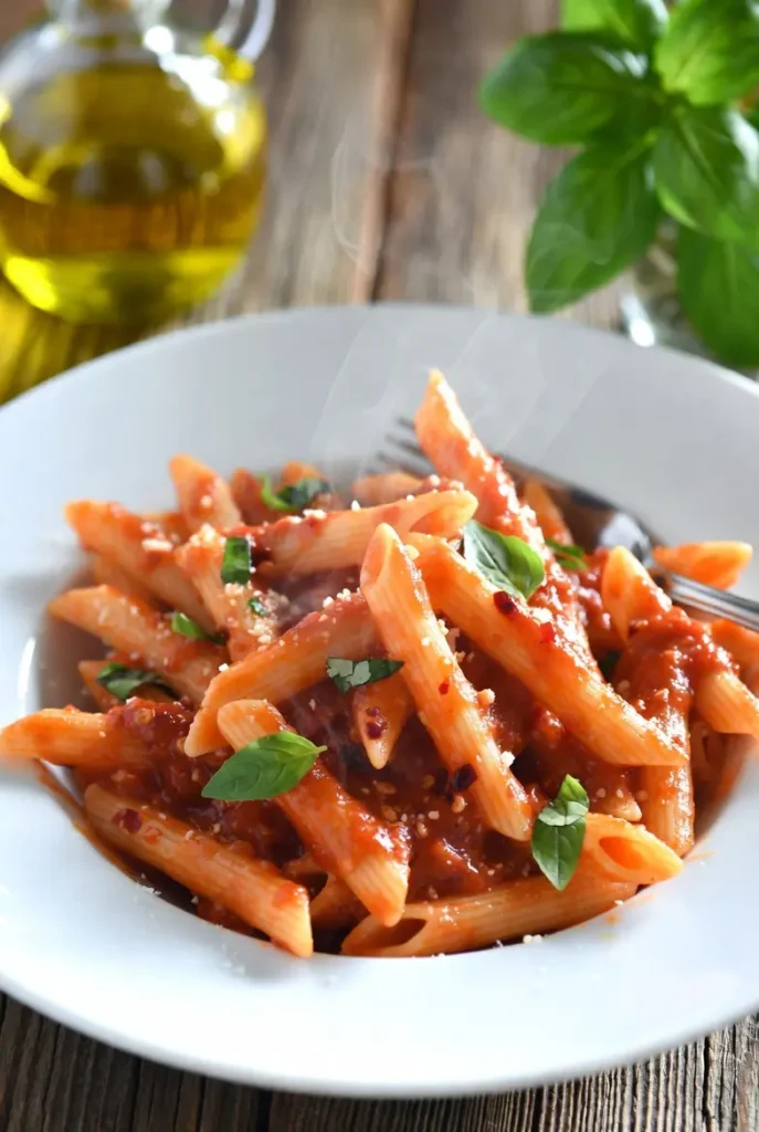 Spicy tomato and basil penne pasta with fresh basil garnish and Parmesan, easy fifteen minute Italian dinner