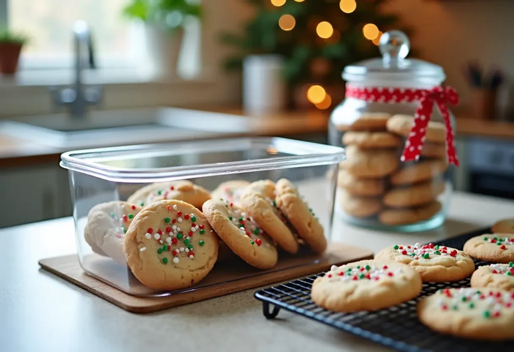 Storing Christmas sprinkle cookies in airtight container - christmas baked goods