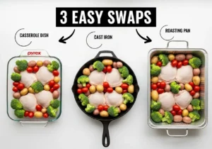 Three sheet pan substitutes side by side showing casserole dish, cast iron skillet, and roasting pan with identical ingredients ready to cook