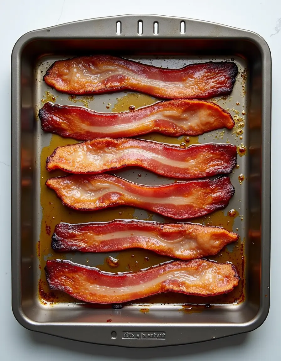 Top-down view of crispy bacon strips arranged on a slotted broiler pan with drip tray underneath, showing rendered fat collection. White oven interior visible in background.