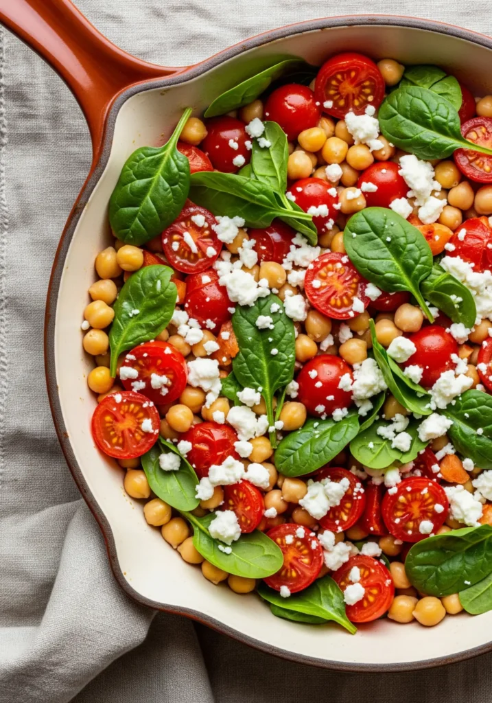 Vegan Mediterranean chickpea skillet dinner in 15 minutes, healthy one pan meal recipe