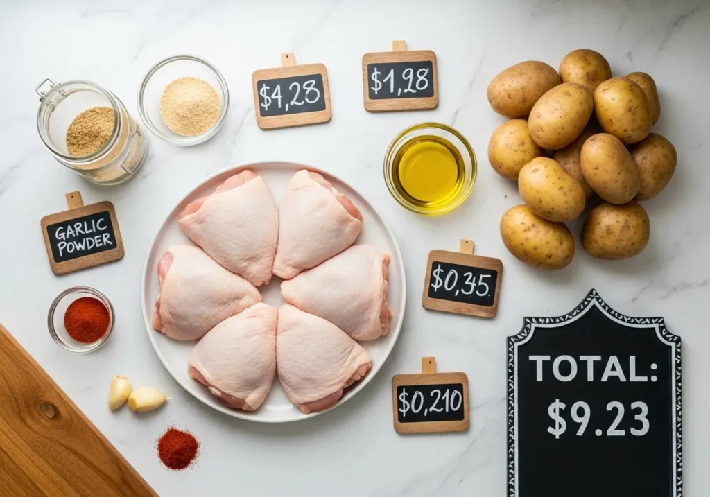 Budget meal ingredient breakdown showing individual prices for sheet pan chicken thigh dinner recipe totaling nine dollars and twenty-three cents