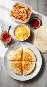 No-chop dinner recipe featuring rotisserie chicken quesadillas with ingredients, zero cutting board required, easy meal