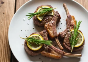Baked lamb chops recipe with rosemary and lemon on white plate