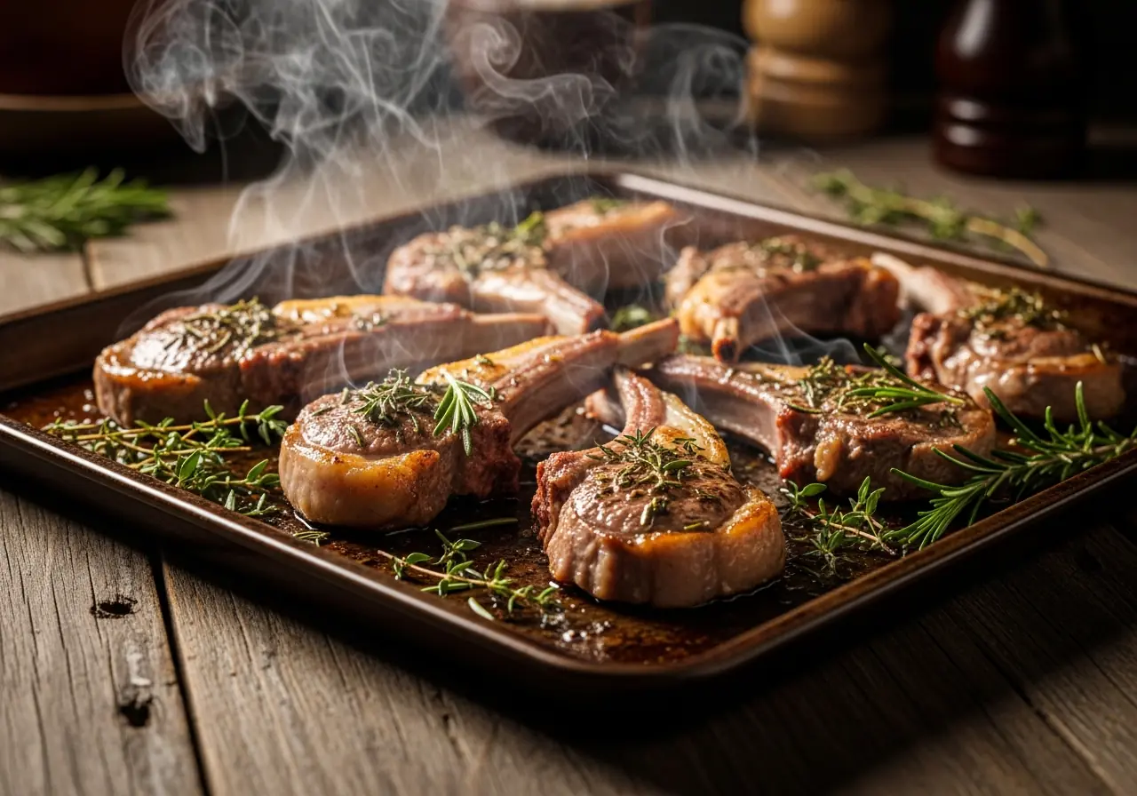 Baked lamb loin chops recipe fresh from oven on baking sheet