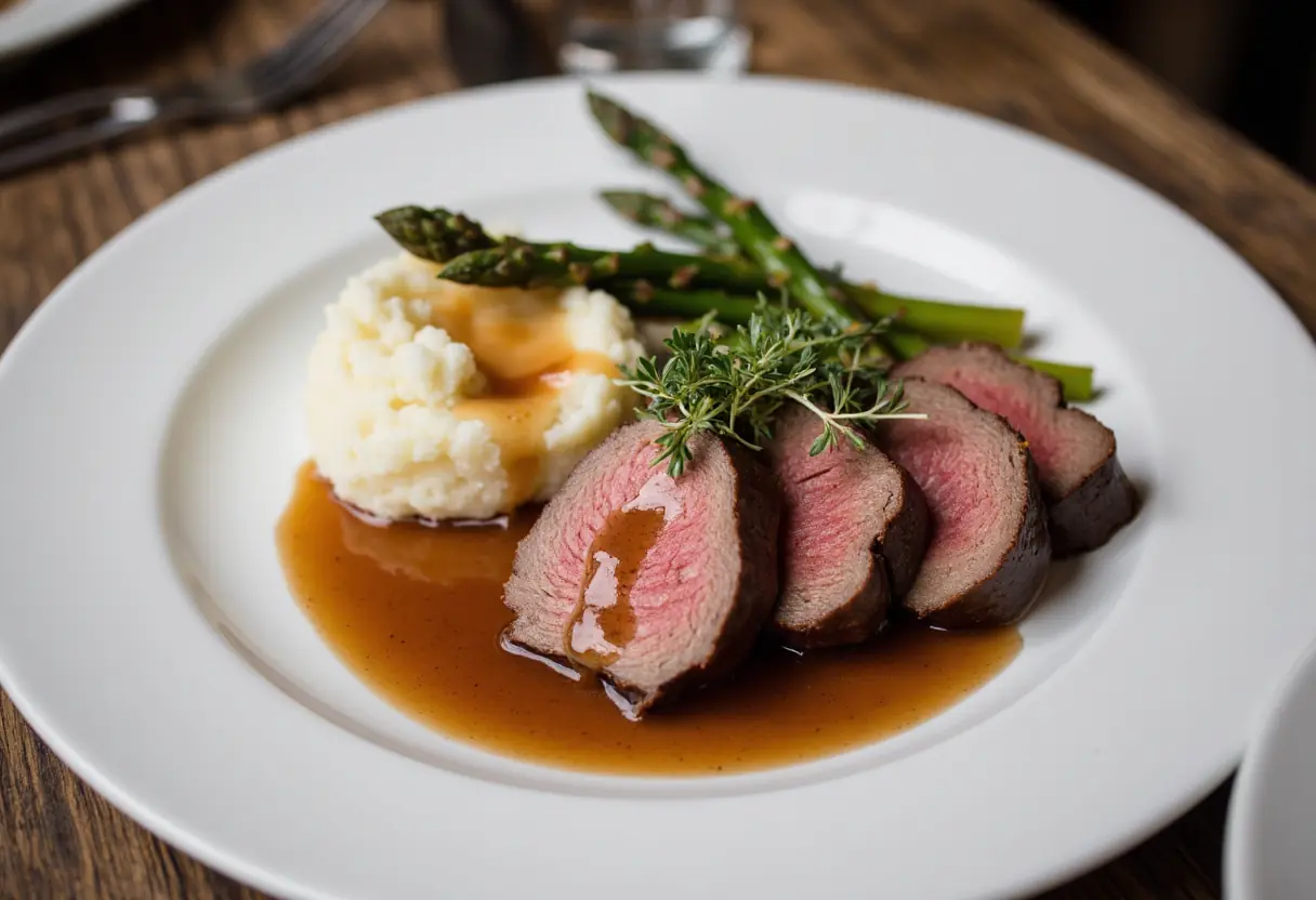 Beef tenderloin roast served with roasted vegetables and mashed potatoes on elegant dinner plate