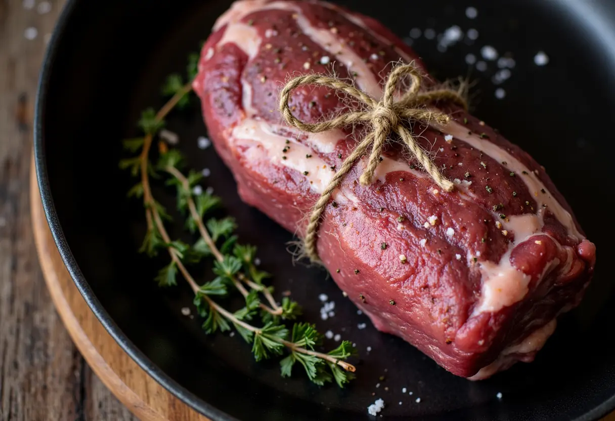 Beef tenderloin tied with twine and seasoned, ready for roasting in the oven