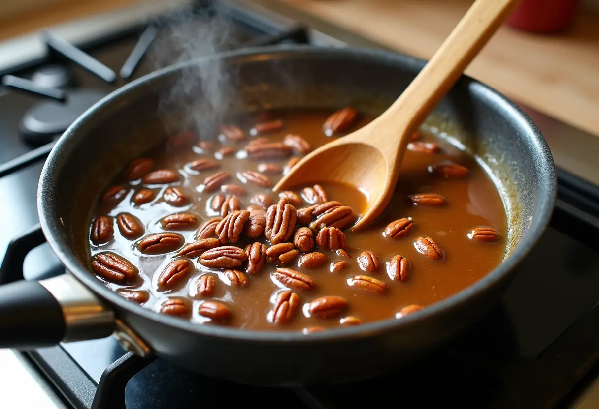 Cooking pecan pie filling with caramelized sugar and toasted pecans