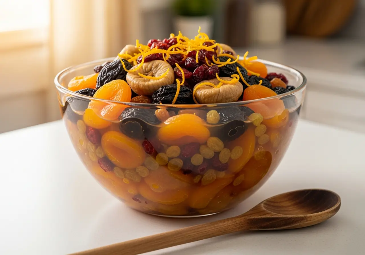 Dried fruits soaking overnight in orange juice for gluten free Christmas cake