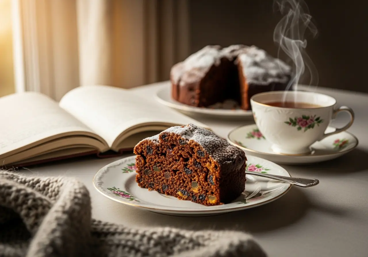 Enjoying homemade gluten free Christmas cake with tea on cozy holiday morning