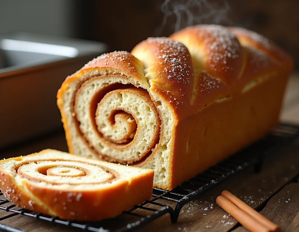 Finished cinnamon swirl bread showing perfect texture and swirls from recipe