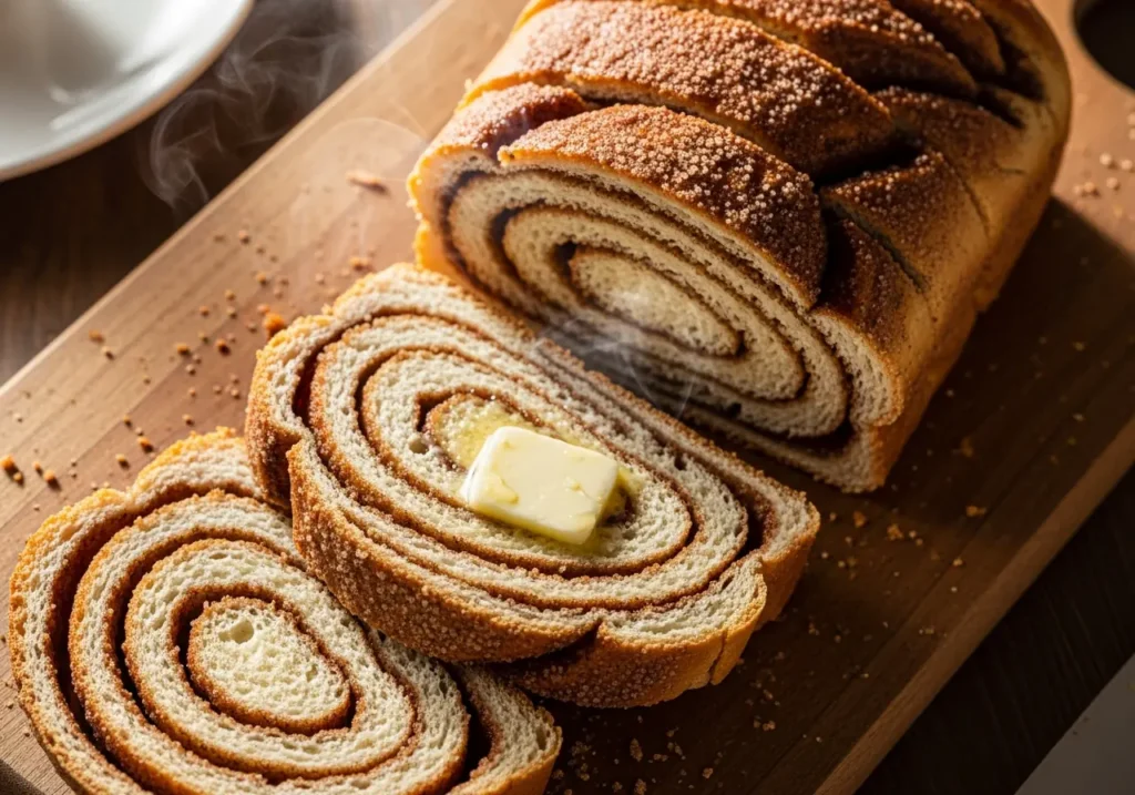 Homemade cinnamon swirl bread sliced on wooden board showing perfect swirls