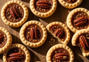 Homemade pecan pie cookies with gooey pecan filling on wooden board - perfect holiday dessert