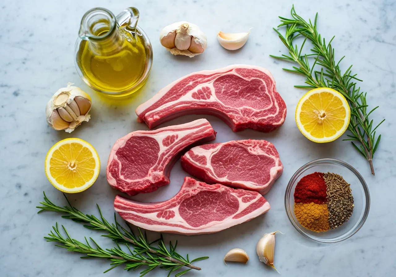 Ingredients for oven baked lamb chops recipe including lamb, lemon, and herbs