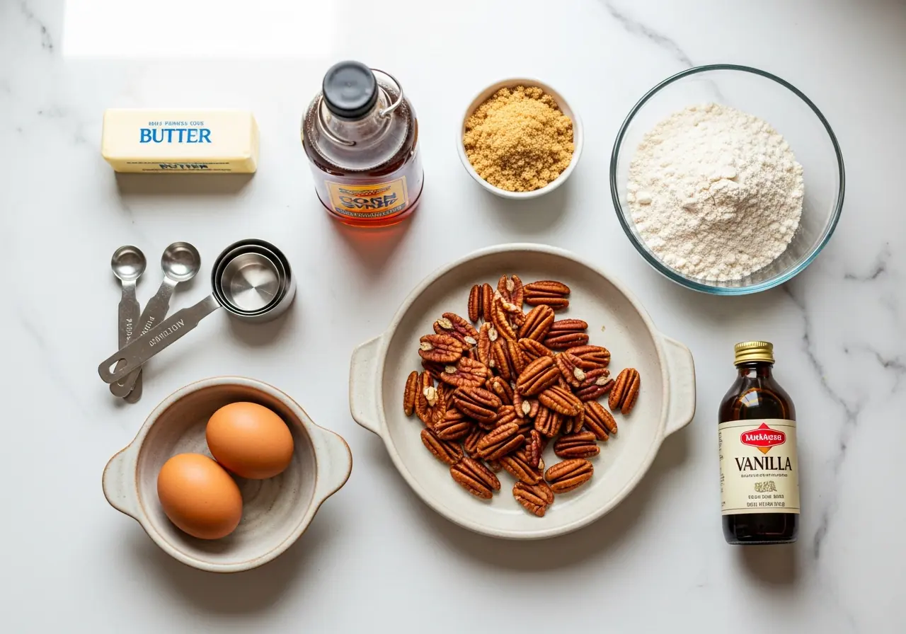 Ingredients needed for pecan pie cookies recipe including butter, pecans, and brown sugar